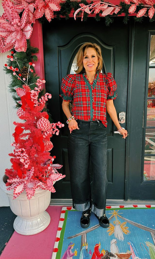 Red Plaid Ruffle Detail SS Top