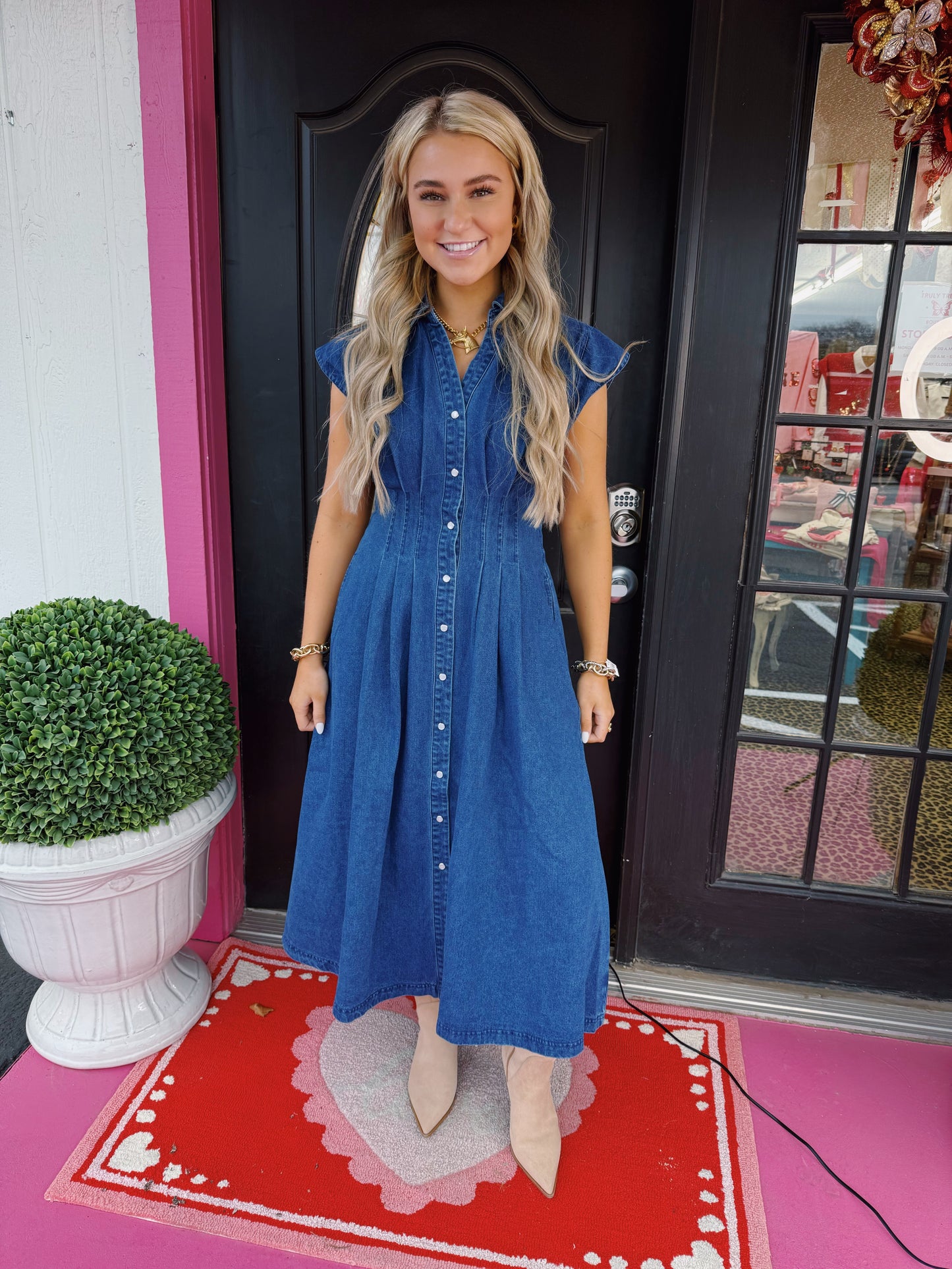Denim Pearl Snap Midi Dress
