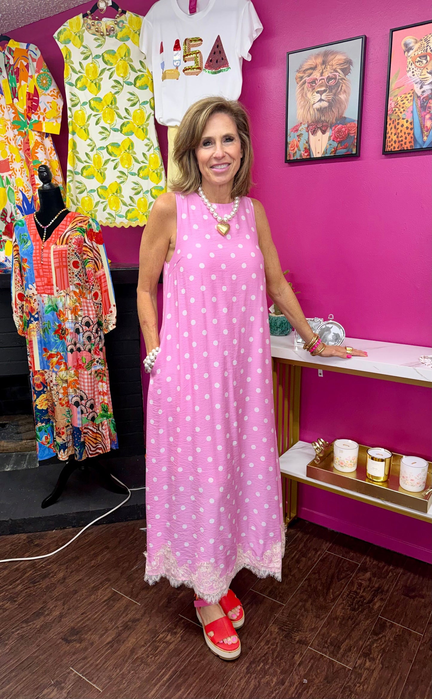 Pink Polka Dot Midi w/Lace