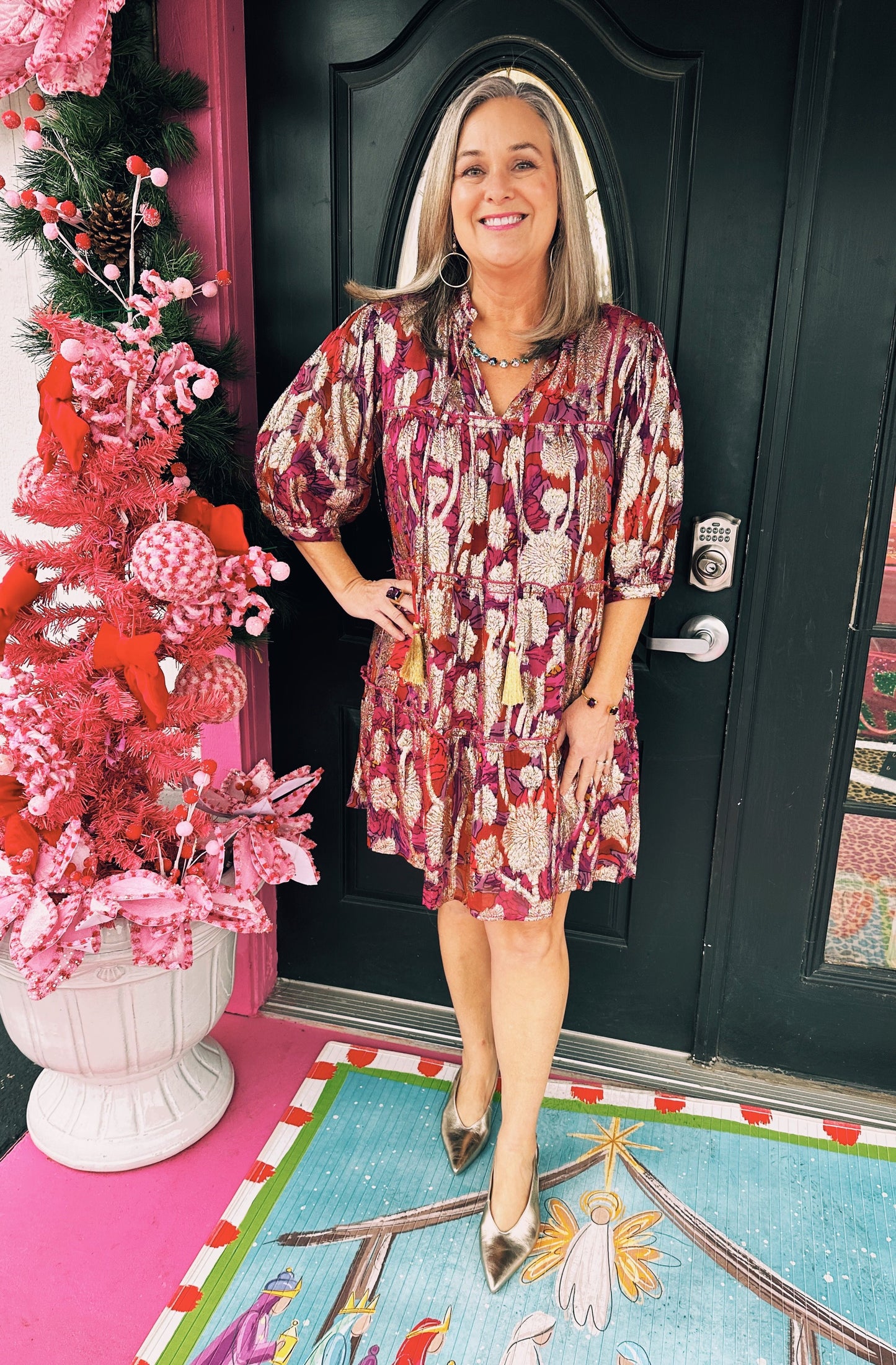 Wine Metallic Print Tiered Dress