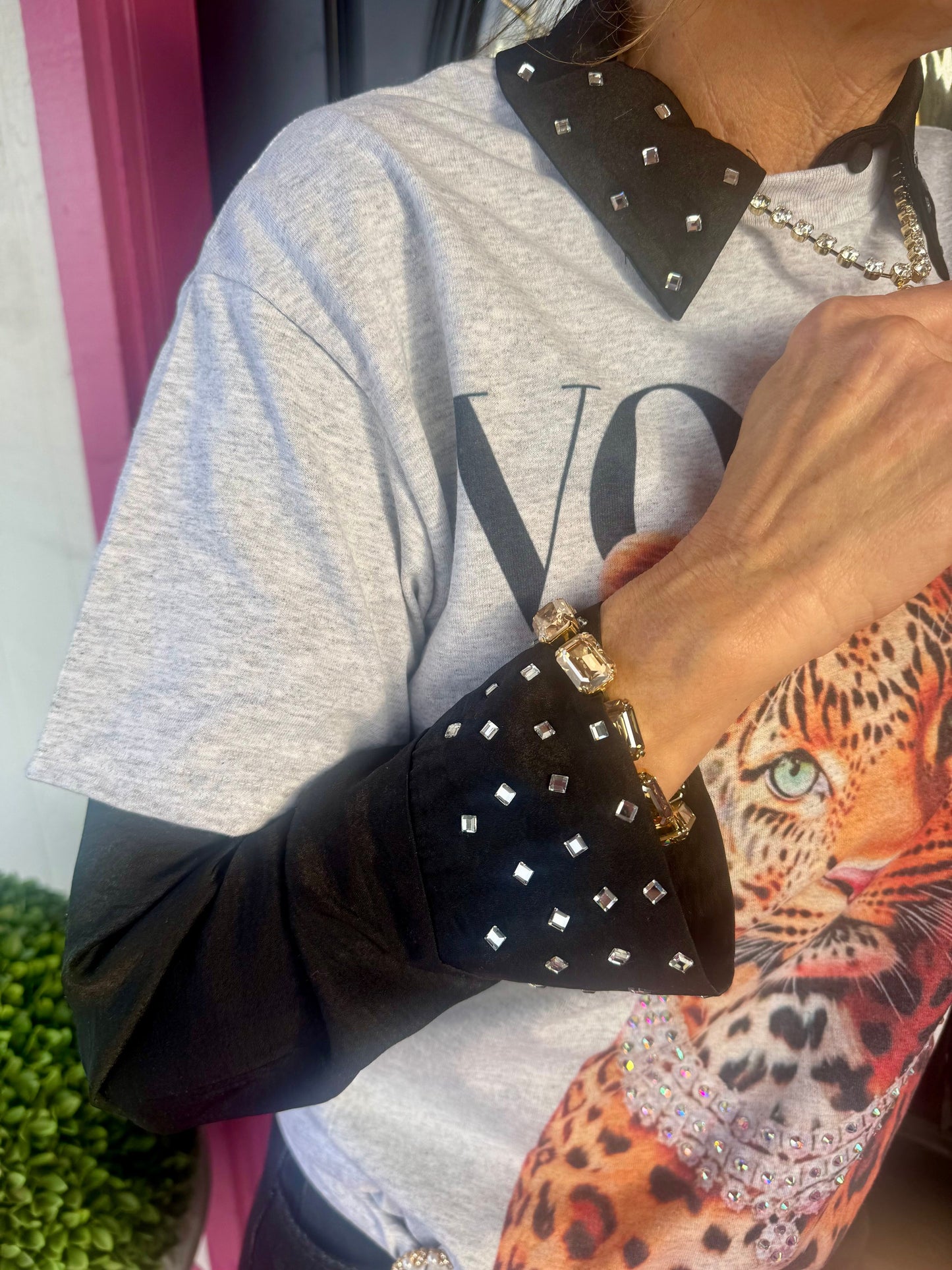 Black Studded Button LS Top