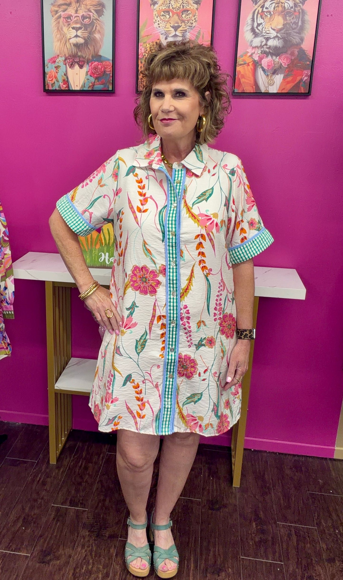Green Trim Floral Collar Dress