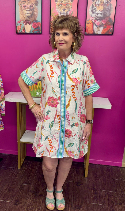 Green Trim Floral Collar Dress