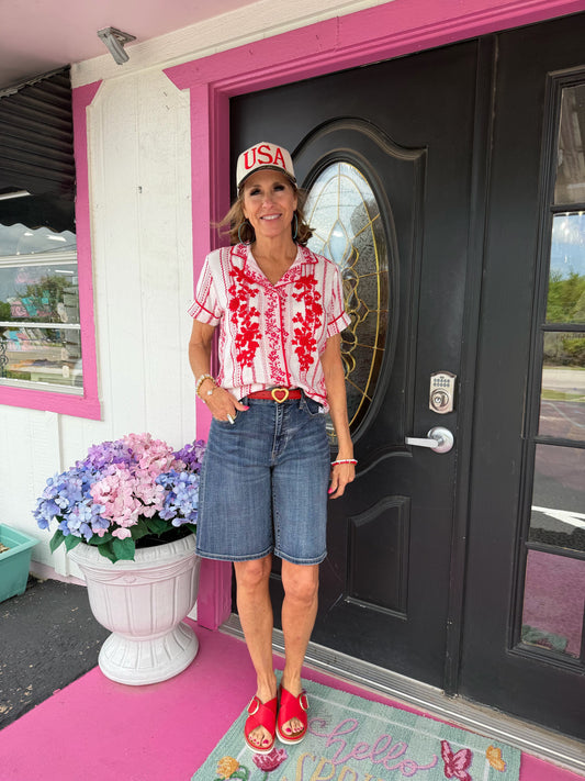 Rosita White Red Roses Top