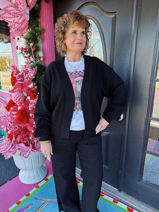 Black Crop Open Front Knit Cardigan