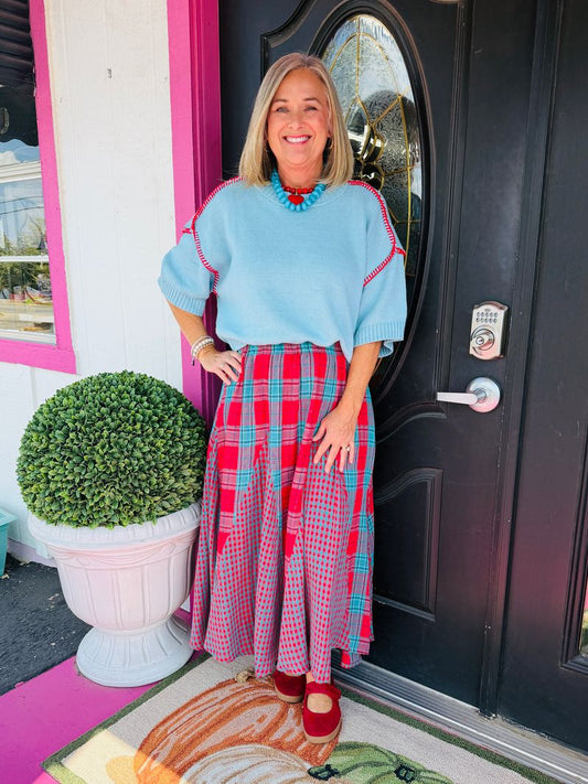 Blue w/Red Trim SS Knit
