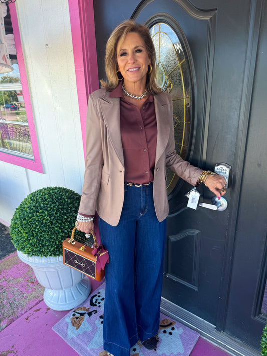 Taupe Liquid Leather Button Blazer