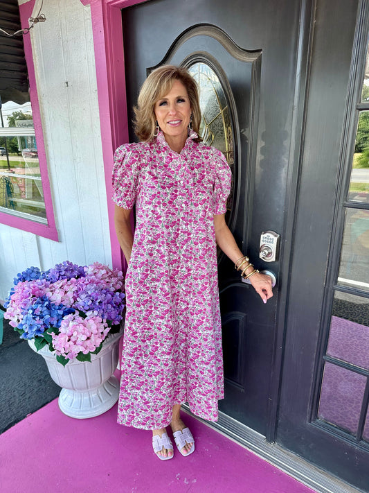 Pink Floral Ruffle Collar Maxi