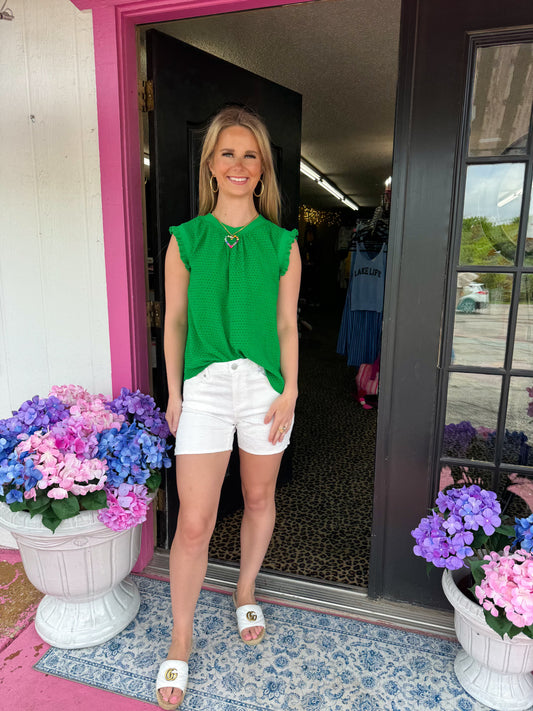 ribbed band, green, textured top, short sleeve, voy