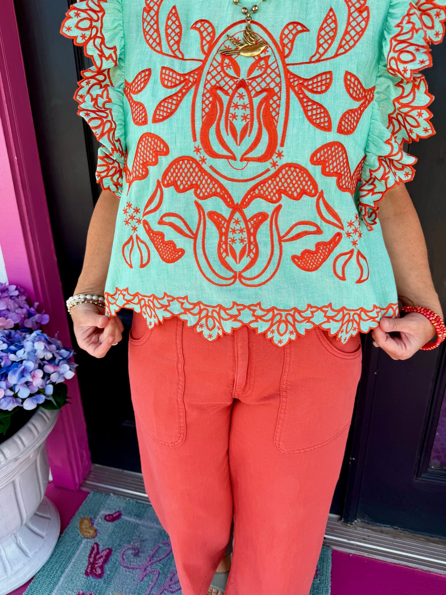 Mint Flutter Embroidered Detail Top