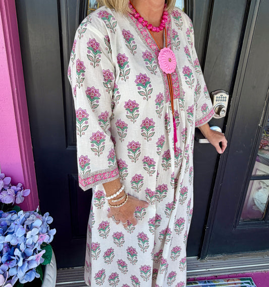 Ivory & Pink Floral Caftan