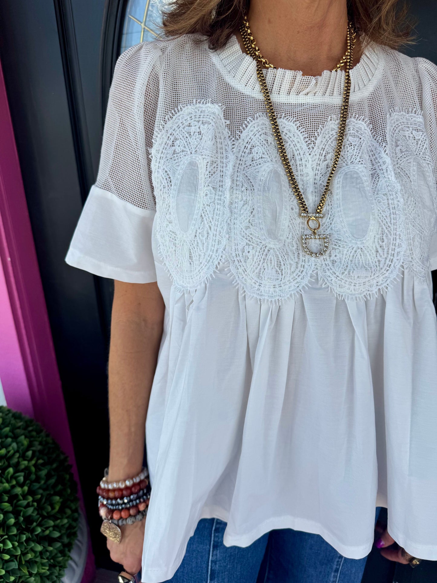 White Mesh Top With Applique