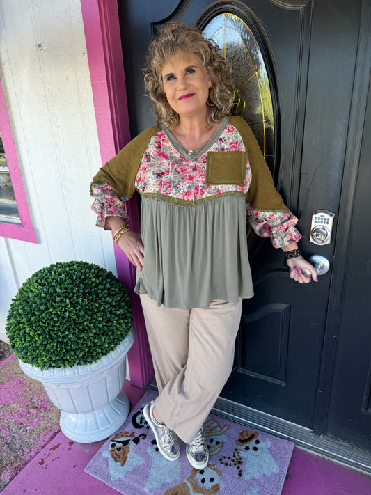 Olive Multi Floral V-Neck Top