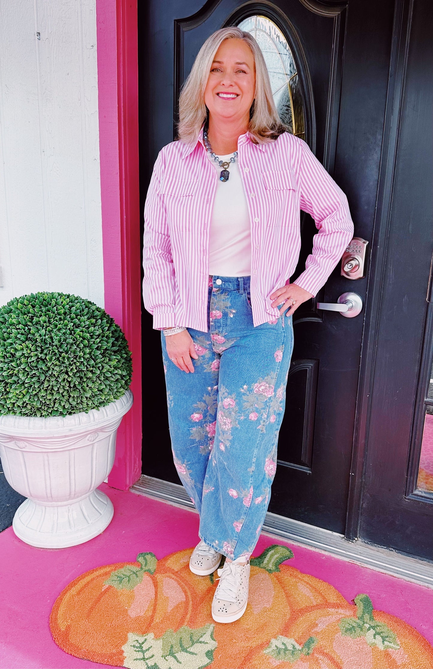 Pink Striped Collared Jenn Top