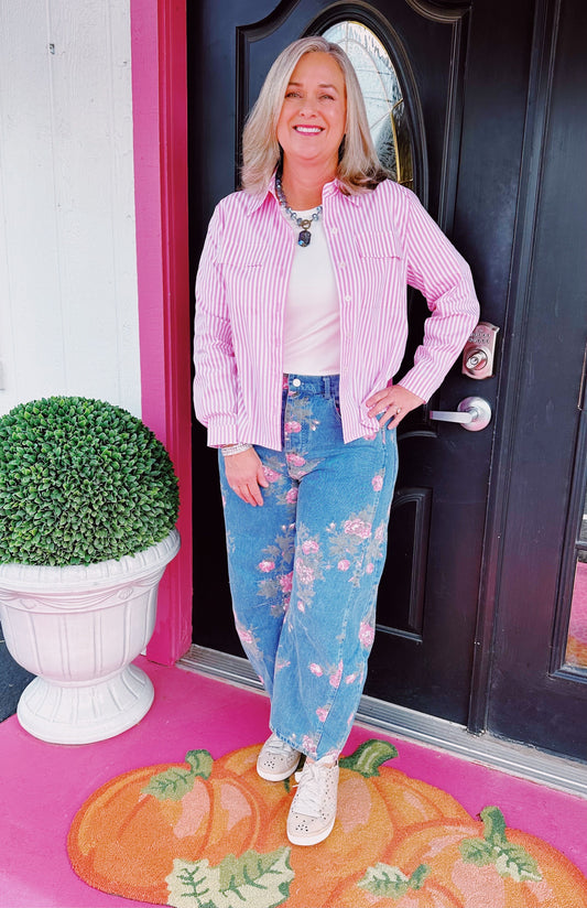 Pink Striped Collared Jenn Top