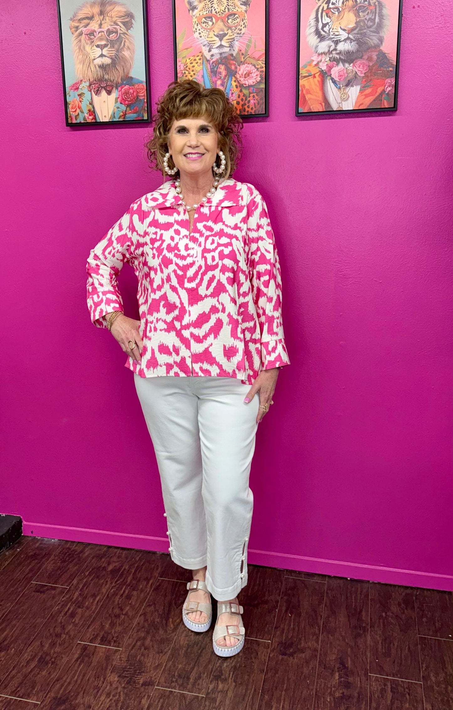 Pink White 3/4 Sleeve Top