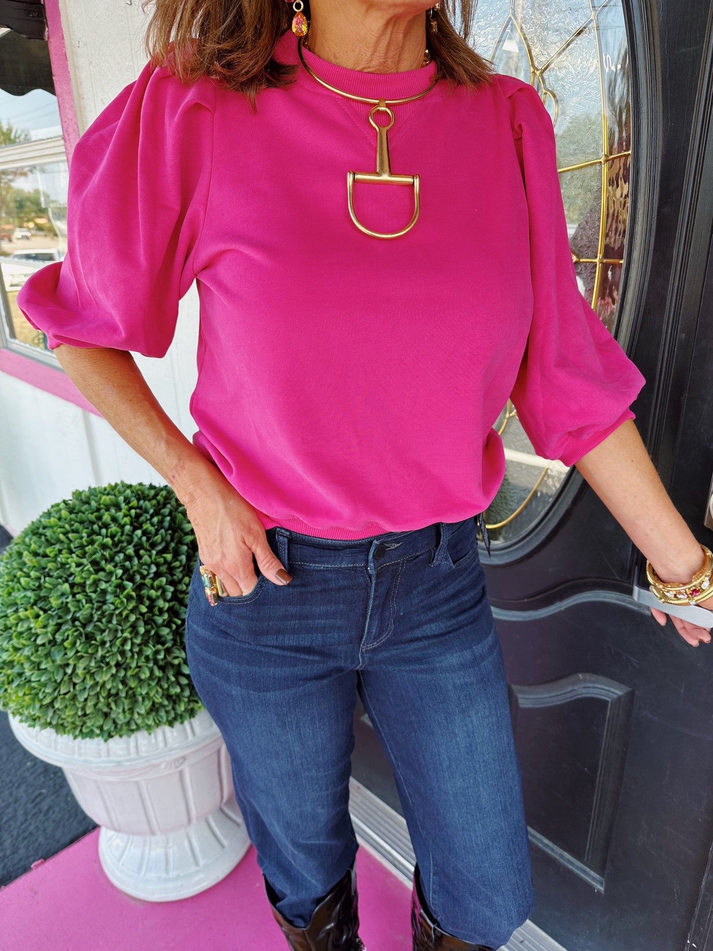 Hot Pink French Terry Puff Slv Top