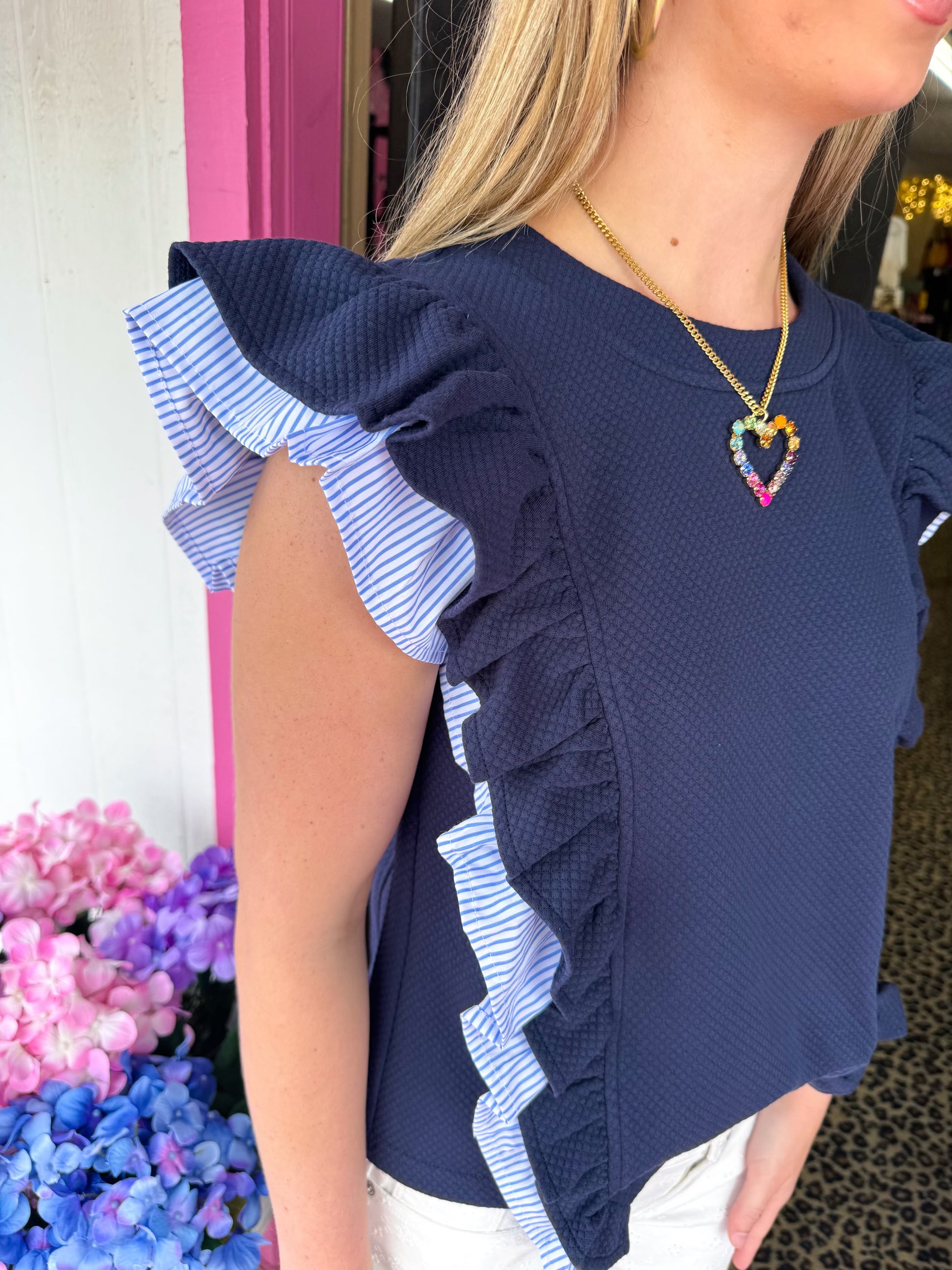 voy, navy, blue and white pinstripe, flutter sleeve