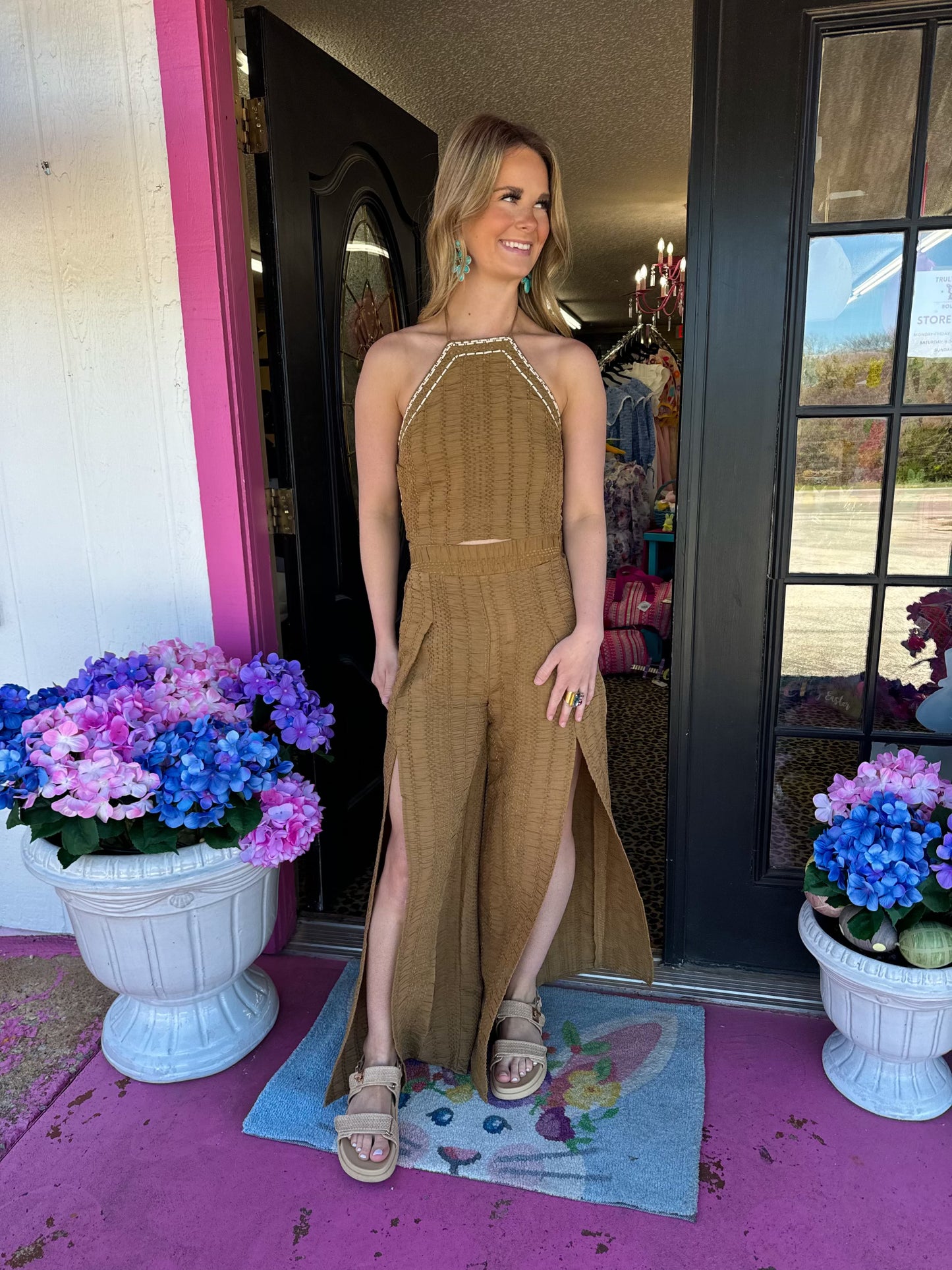 Brown Eyelet Halter Pant Set