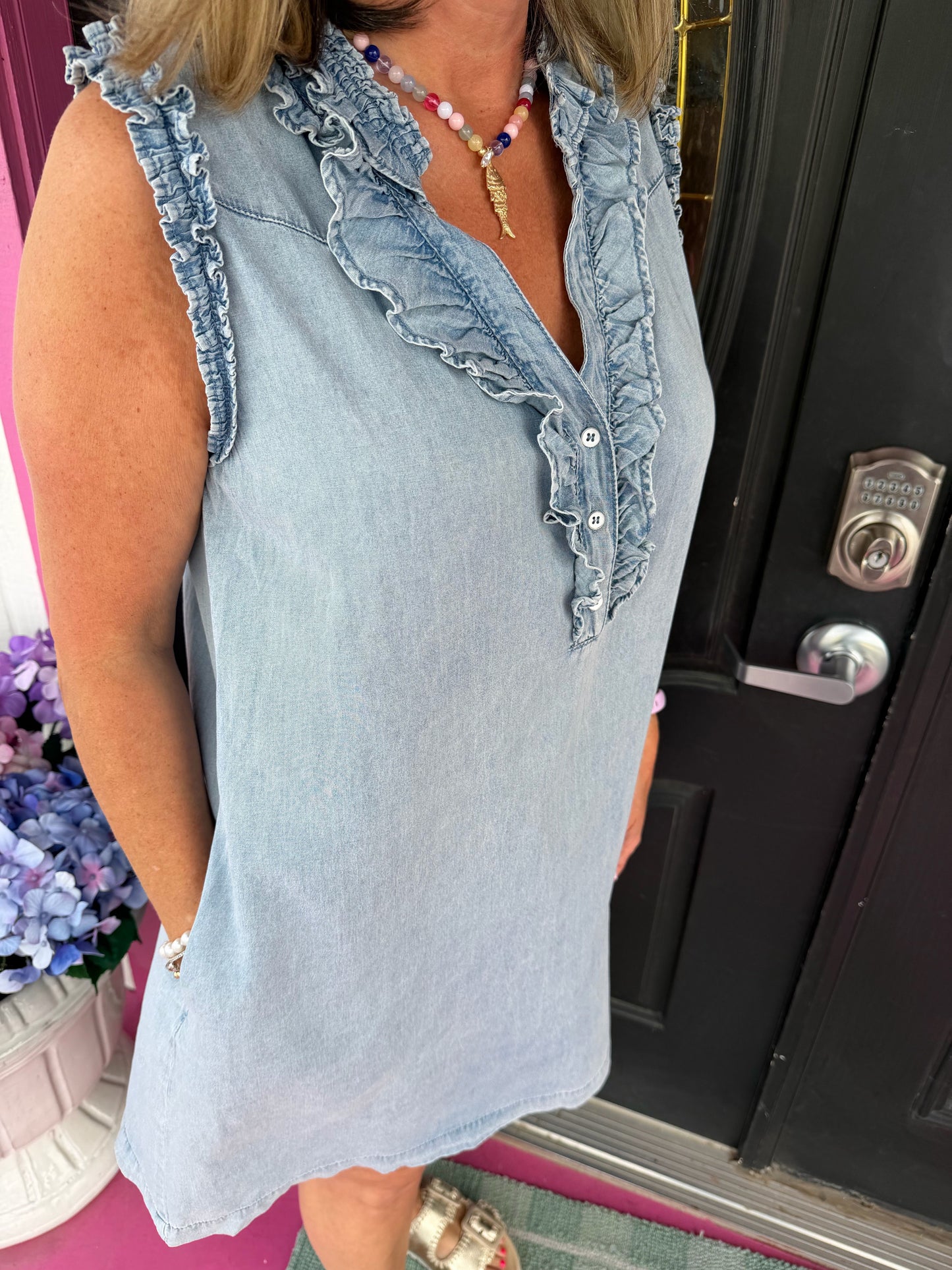 Denim Sleeveless Ruffle Dress