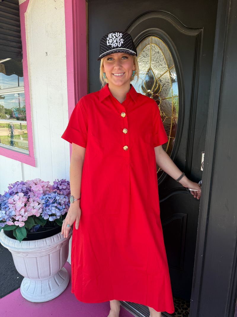 Red Gold Button Maxi Dress