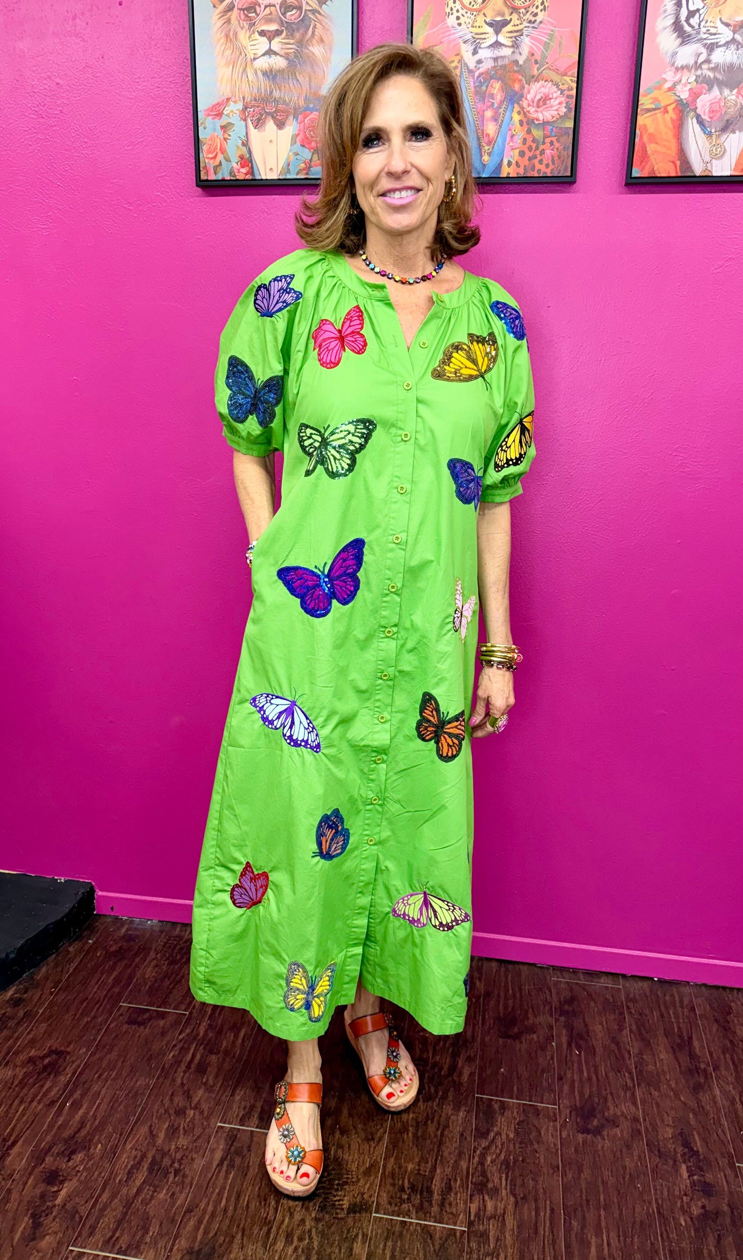 Green Multi Butterfly Button Midi