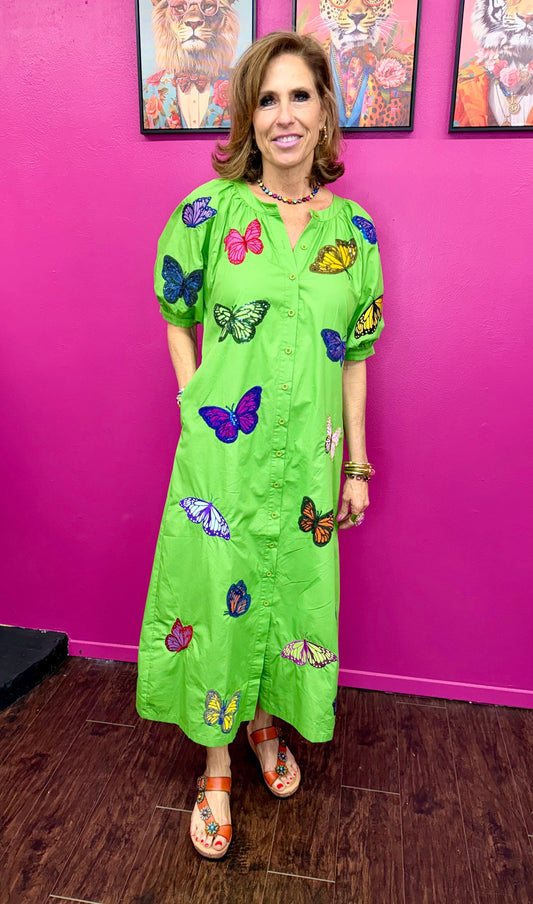 Green Multi Butterfly Button Midi