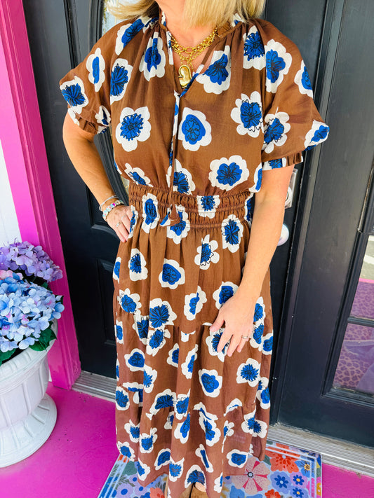 Brown & Blue Flower Print Maxi