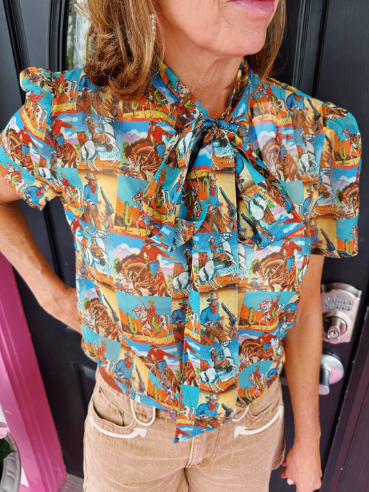 Cowboy Pop Art SS Tie Top