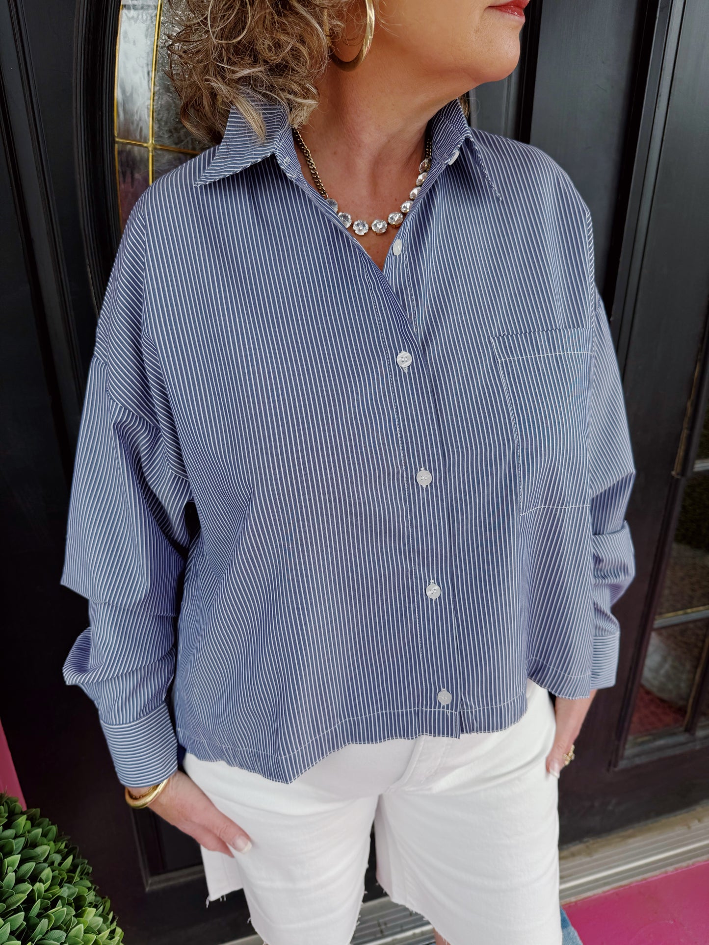 Blue/White Tie Hem Stripe Shirt