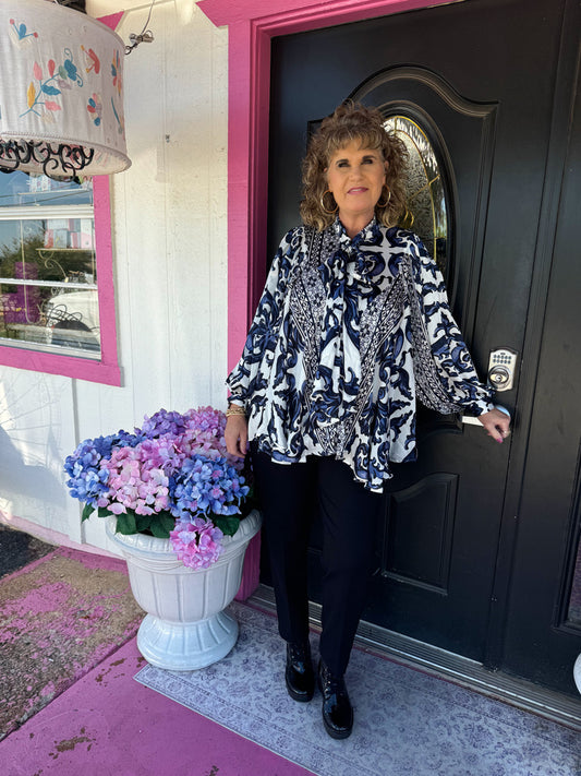 Navy Floral Tie Silk Blouse - OS