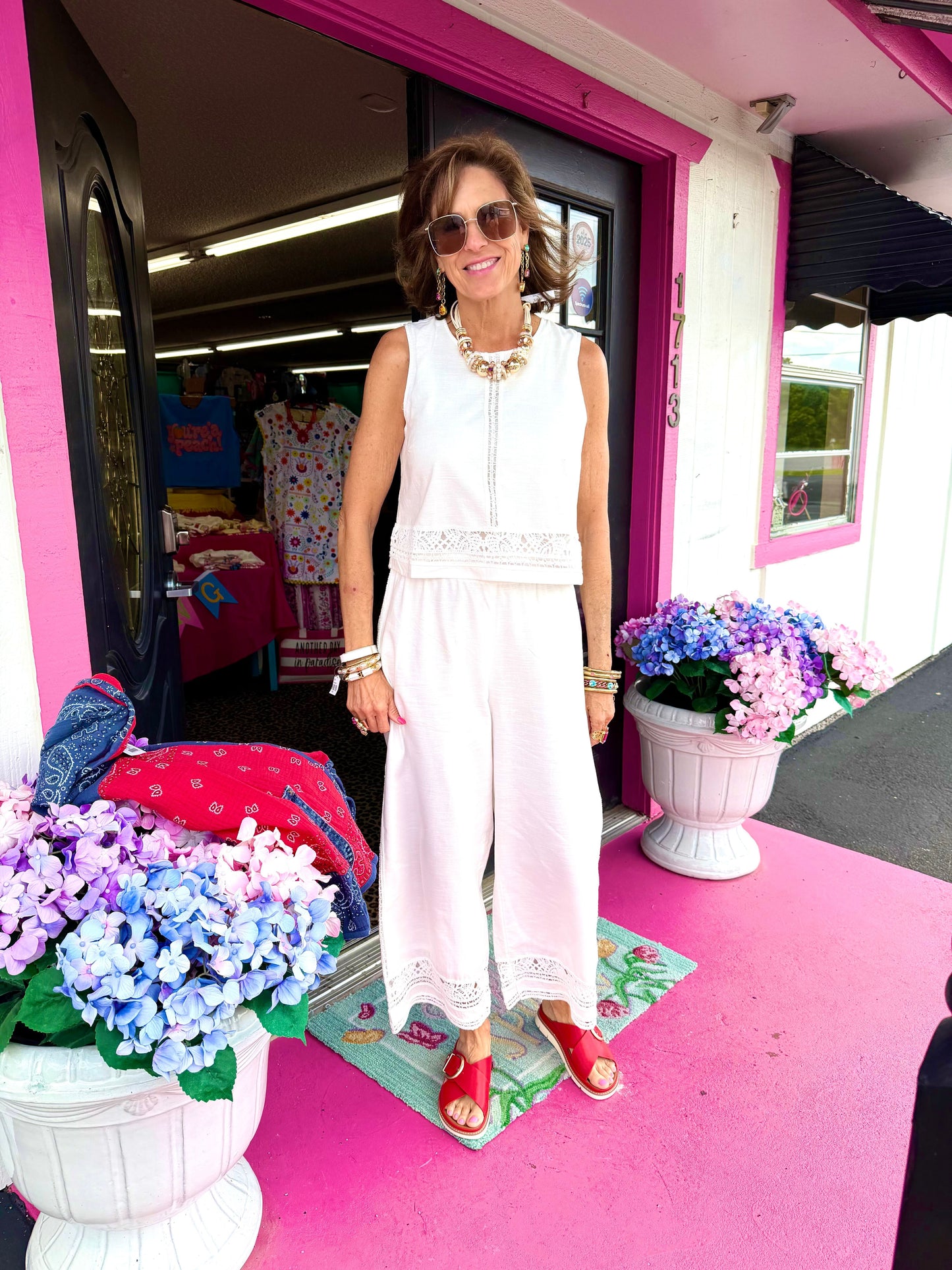 White Tank Pant Set w/Crochet