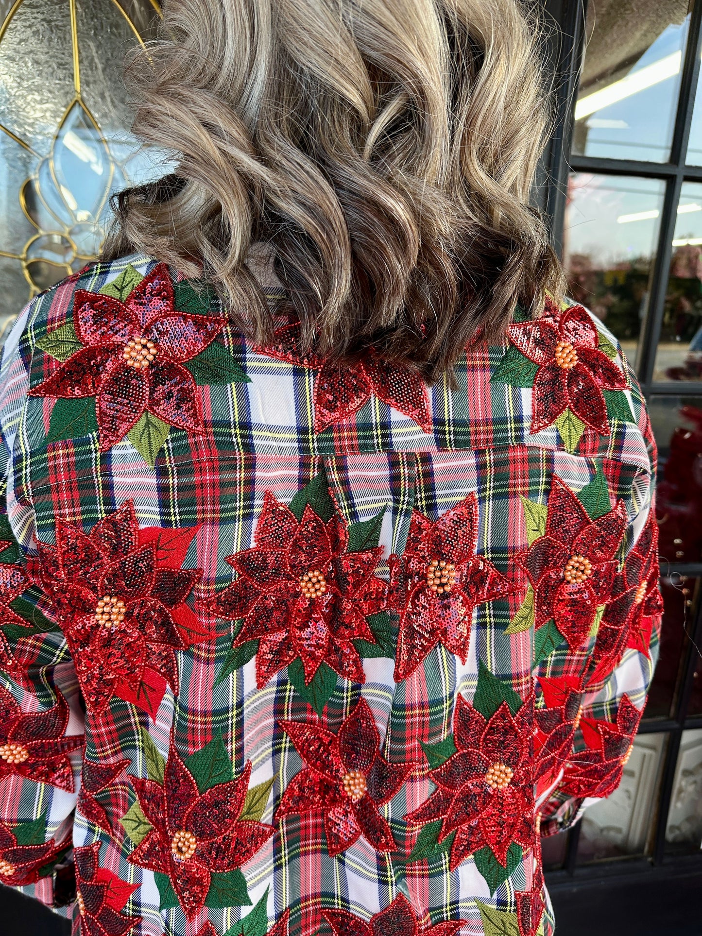 Plaid Poinsettia Button Up Top