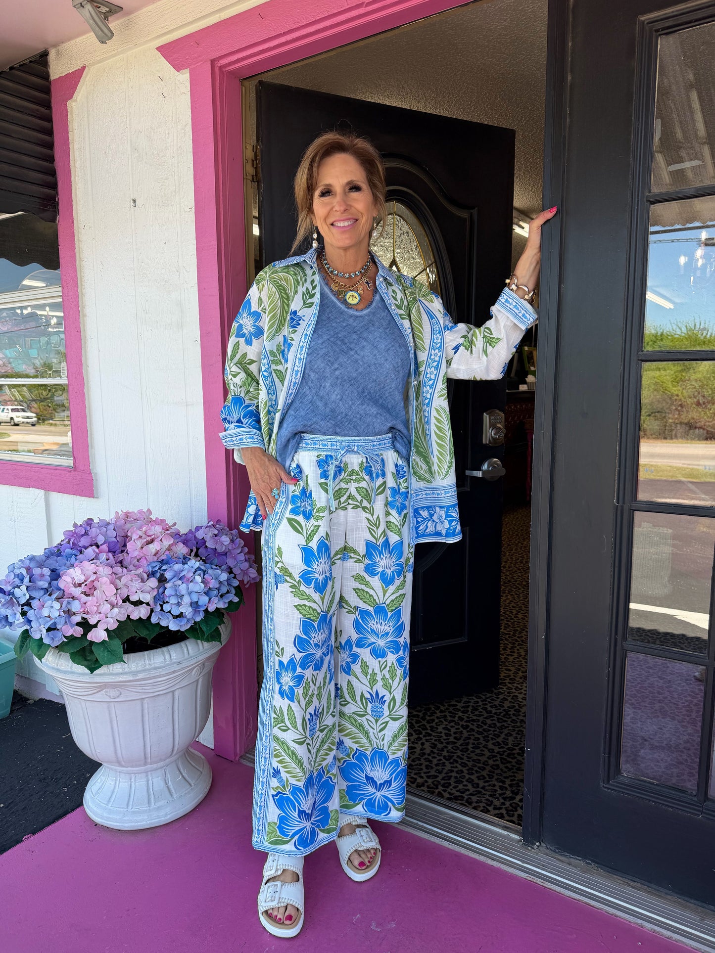 Blue & Green 3/4 Slv Pant Set