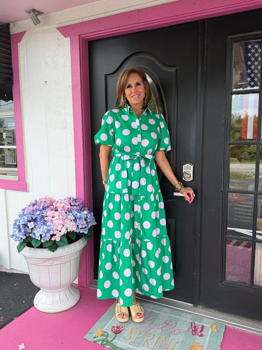 Green/Pink Polka Dot Maxi Dress