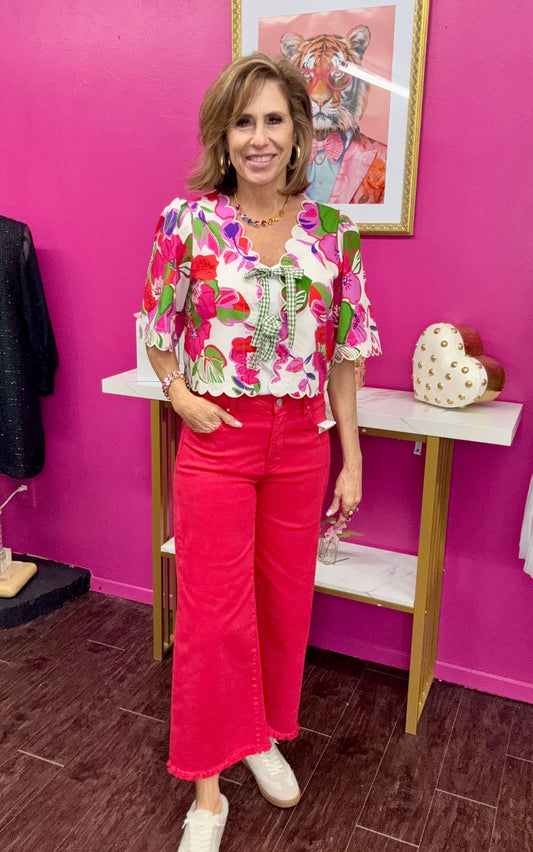 Pink SS Floral Tie Front Top