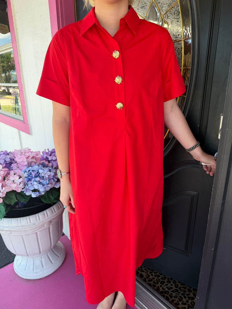 Red Gold Button Maxi Dress