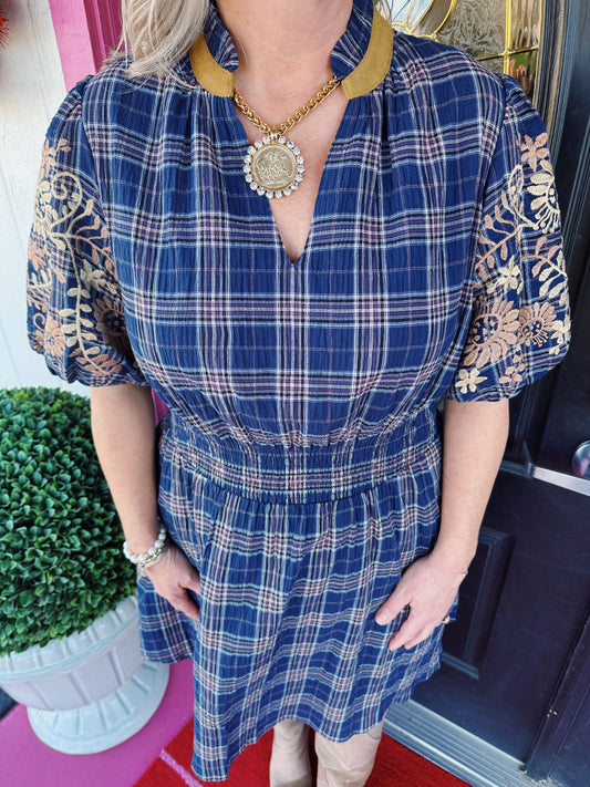 Navy Emb Puff Sleeve Plaid Dress