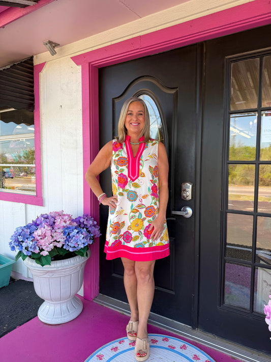 Pink Trim Sleeveless Floral Dress