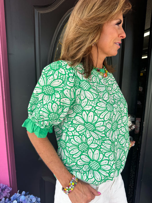 Green White Floral Top