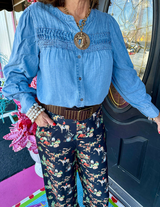 Denim Smocked Button Blouse