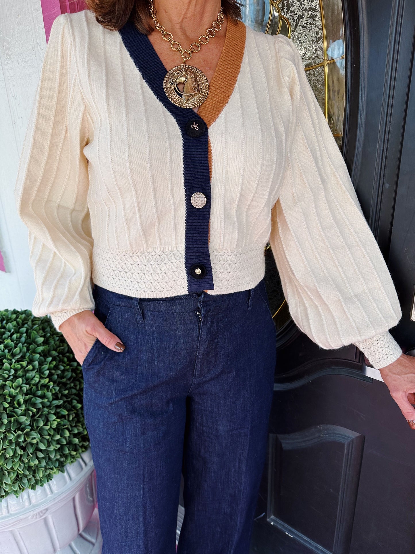 Cream Colorblock LS Cardigan