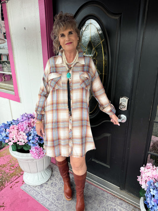 Ivory Roll Sleeve Plaid Shirt Dress