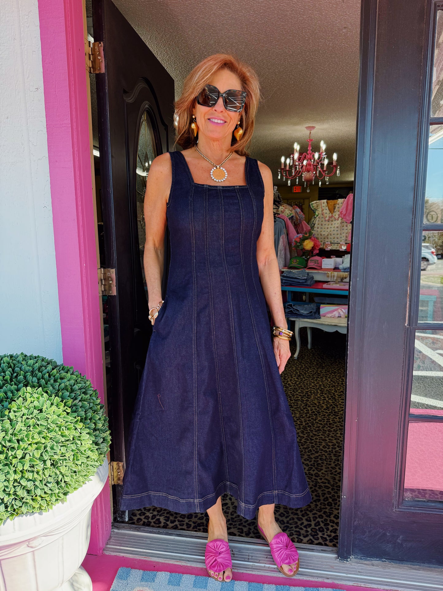 Denim Smocked Midi Dress