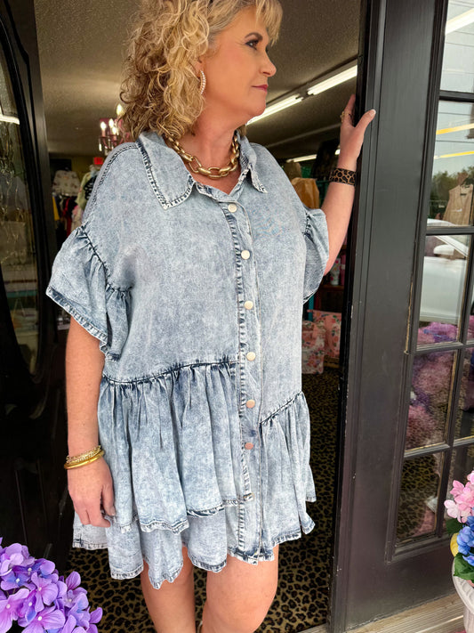 Denim Ruffled Button Dress/Shirt