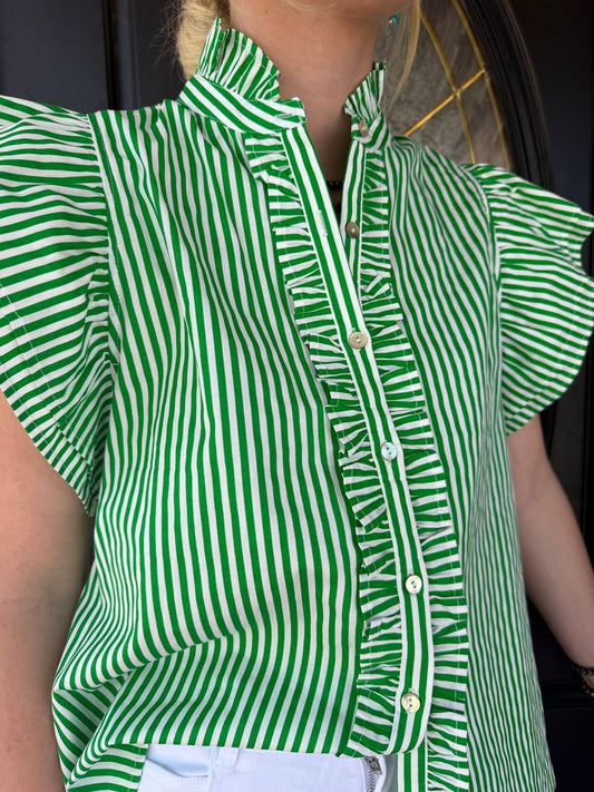 Grn/Wht striped ruffle slv & front