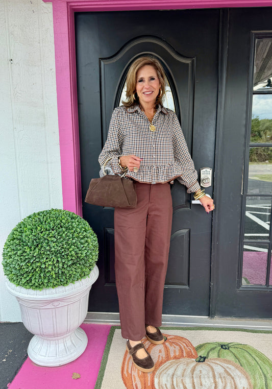 Brn LS Gingham Top