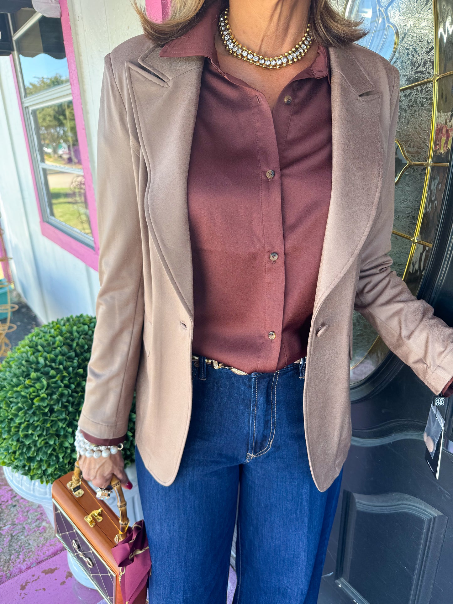 Taupe Liquid Leather Button Blazer