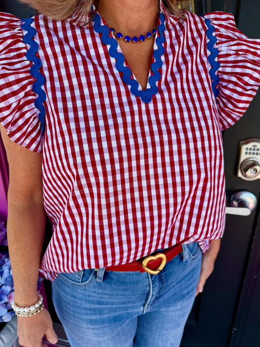 Red Gingham Flutter Slv Top