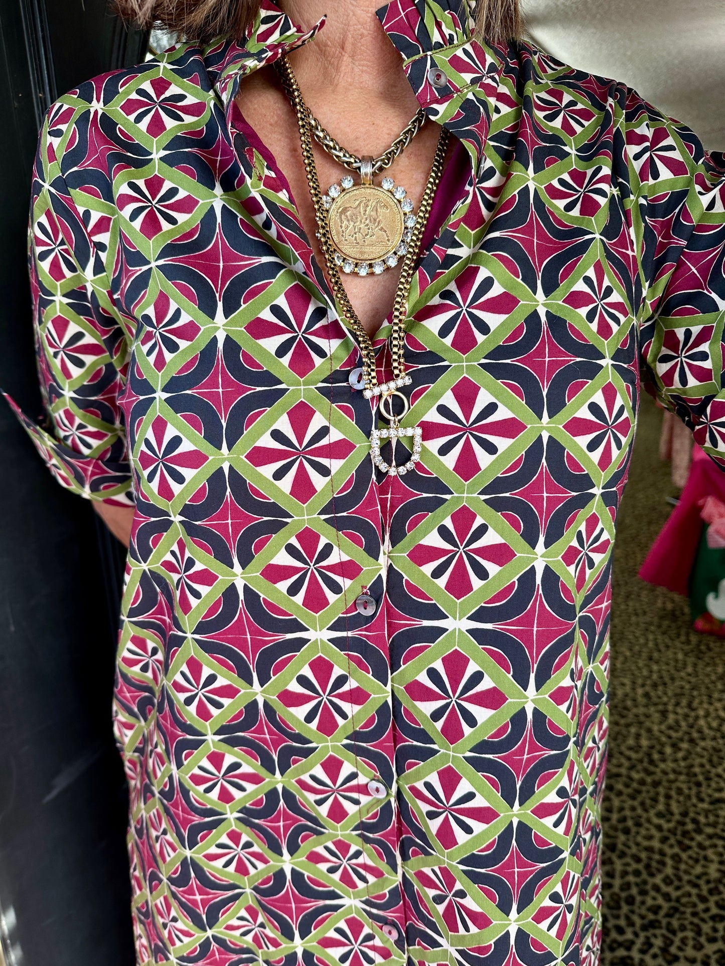 Wine Green Patterned Long Dress